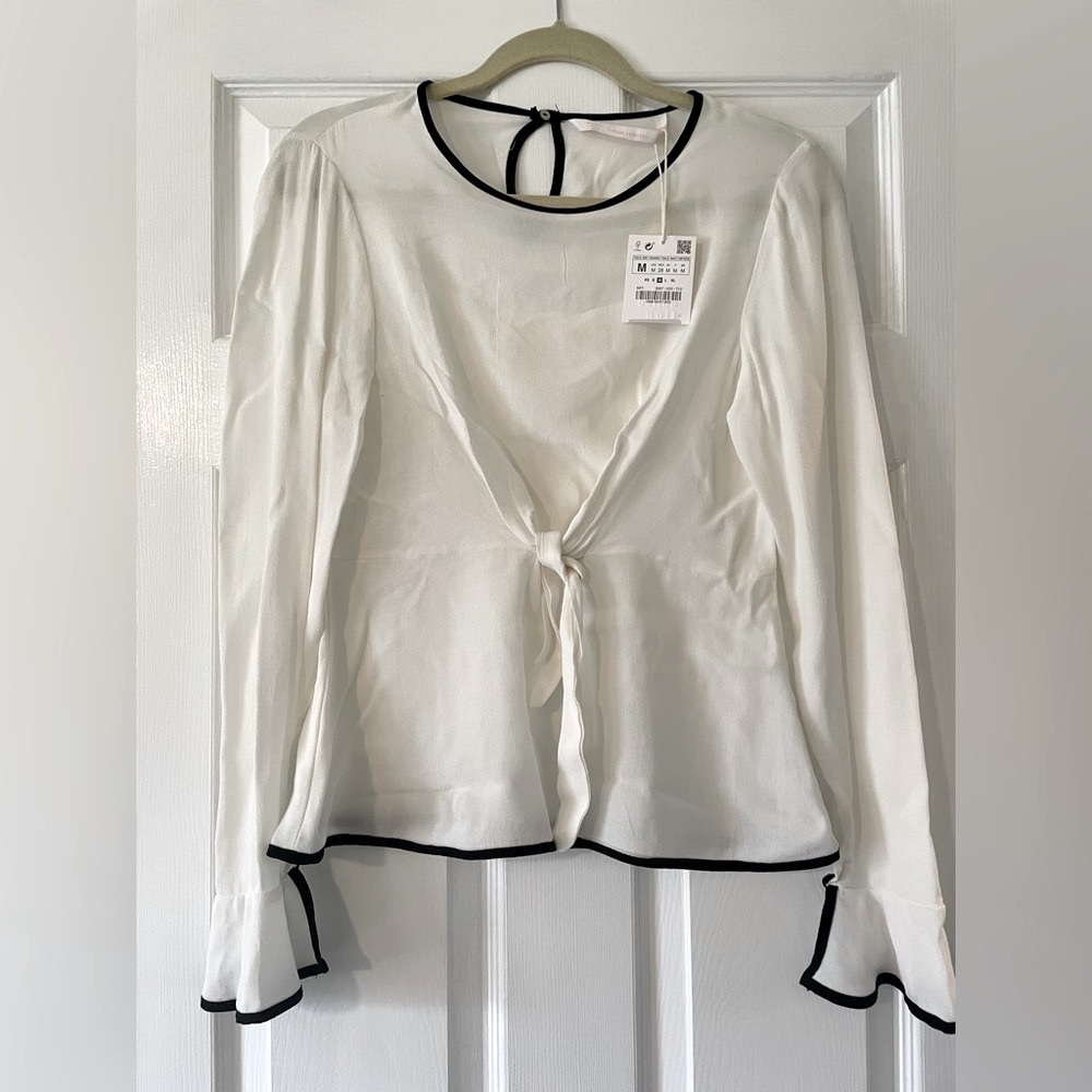 NWT Zara White Top with Tie and Bell Sleeves, Size Medium